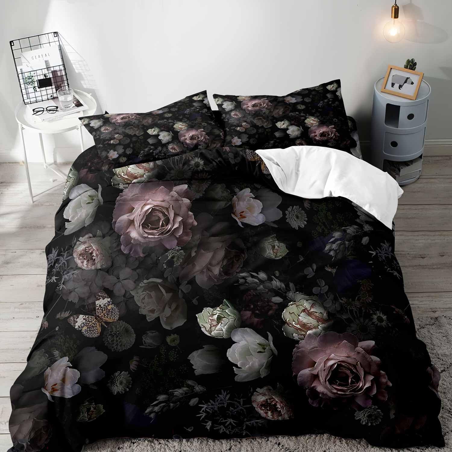Aesthetic Floral Duvet Cover - Zwarte bloemen dekbedovertrek koningin beddengoed set,