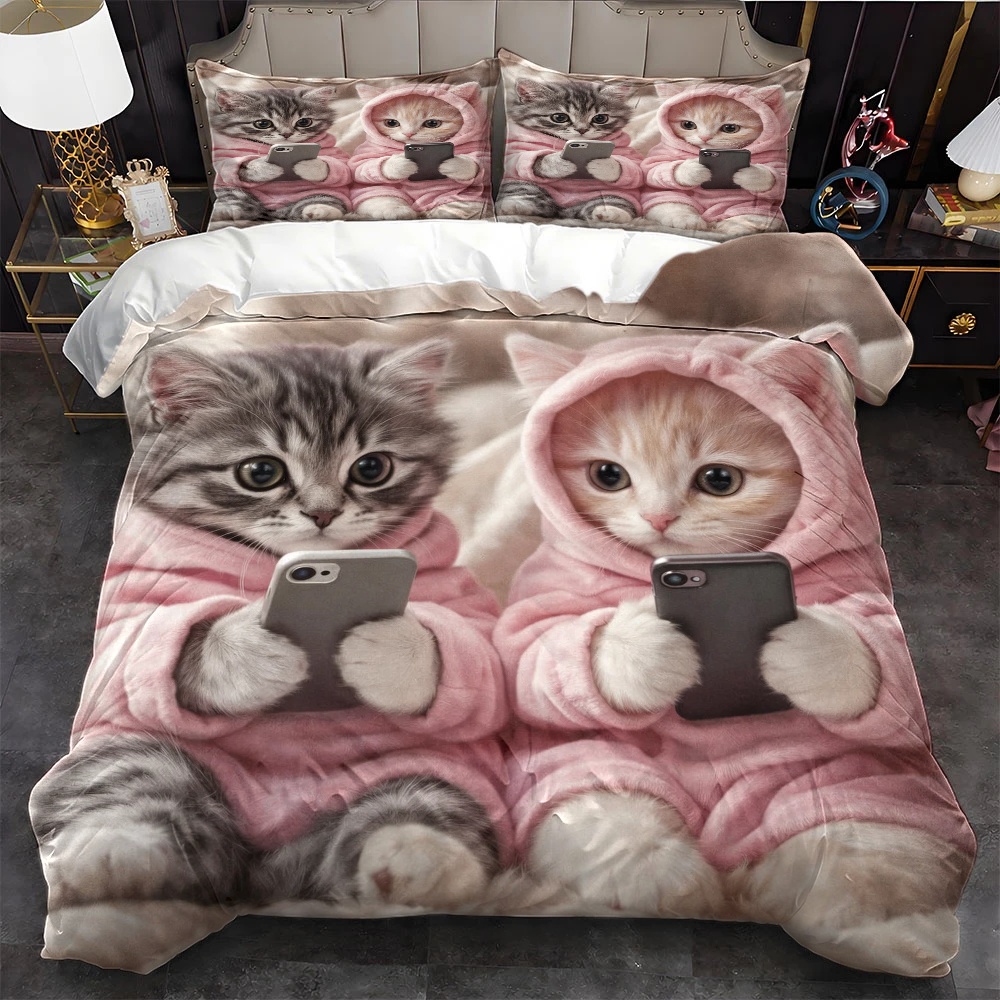 Duvet Cover Sets With Zipper - 3-delige schattige kattenpatroon dekbedovertrekset, driedelige beddengoedset