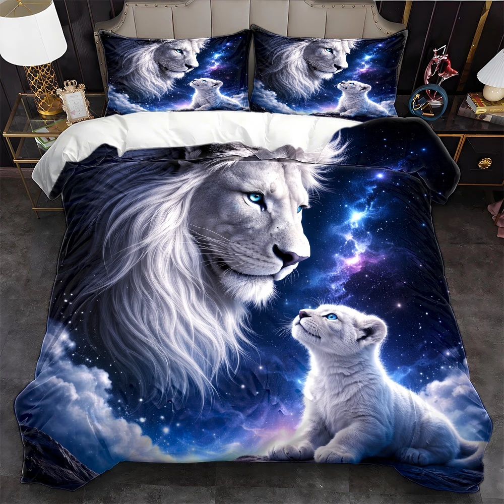 Duvet Cover Sets With Zipper - 3-delige dekbedovertrekset met sterrenhemel-leeuwthema voor ouders