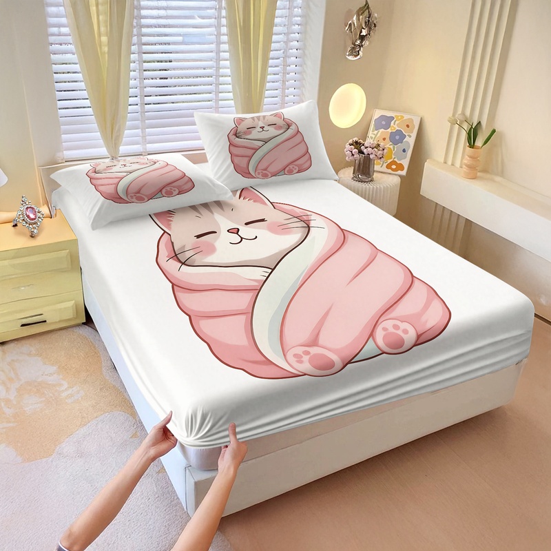 Fitted Bed Sheets Deep Pocket - Schattig kattenprint hoeslakenset, knusse slaperige kat