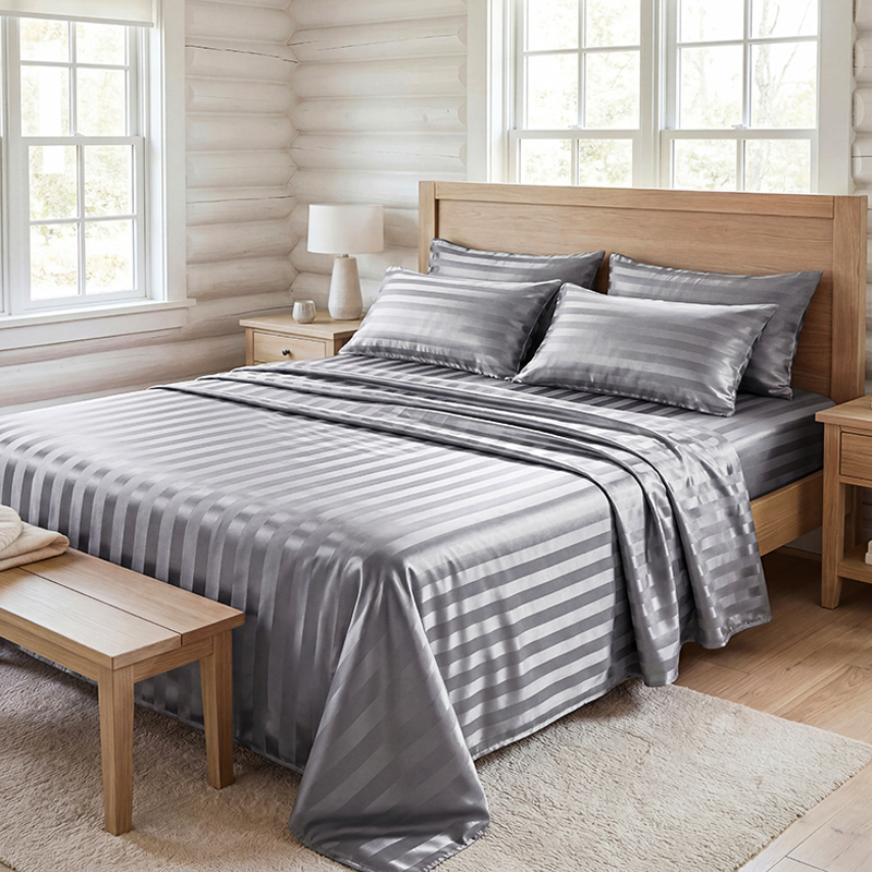 Fitted Bed Sheets Deep Pocket - Kreukvrije gestreepte satijnen beddengoedset, verkoelende zijdezachte