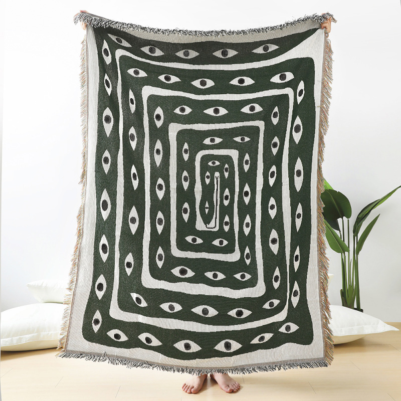 Boho Throw Blanket Fringe - Groen Wit Boze Oog Jacquard Gooideken